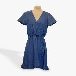 J. Crew Mercantile Denim Wrap Dress Blue Ruffle Hem V-Neck Short Sleeve XS